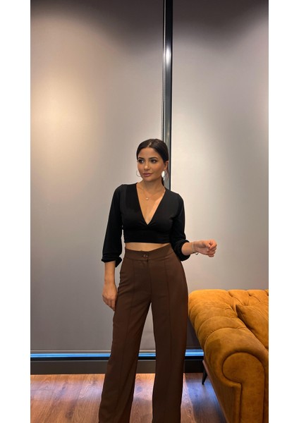 Yüksek Bel Kahve Krep Kumaş Palazzo Pantolon modelleri