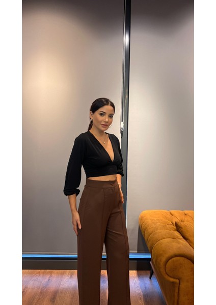 Yüksek Bel Kahve Krep Kumaş Palazzo Pantolon fırsatları