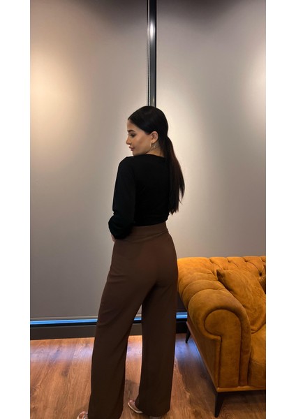 Yüksek Bel Kahve Krep Kumaş Palazzo Pantolon indirimleri