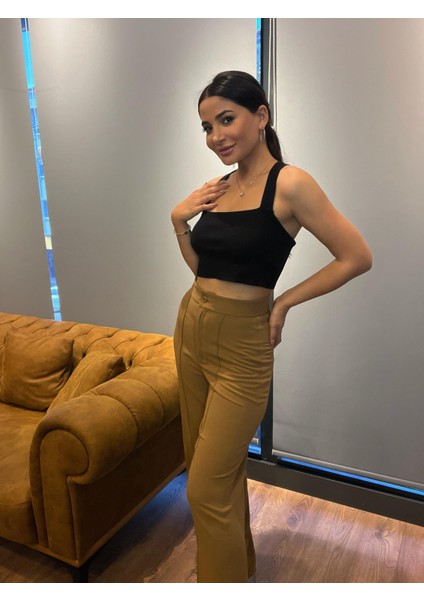 Yüksek Bel Açık Kahve Krep Kumaş Palazzo Pantolon modelleri