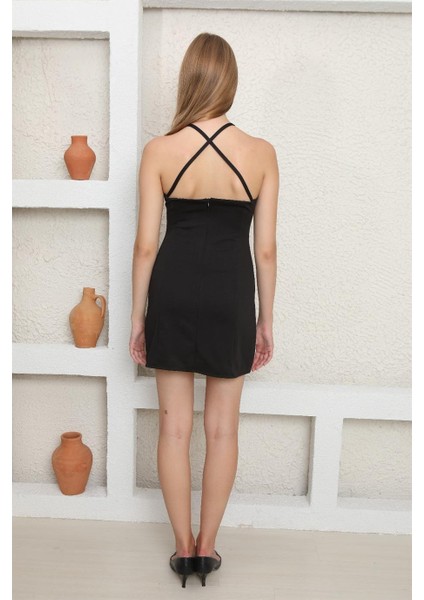 Çapraz Sırt Detaylı Kısa Siyah Kadın Elbise fırsatları