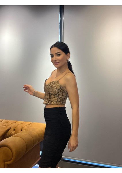 Yüksek Bel Lastik Büzgü Lüx Krep Siyah Renk Etek