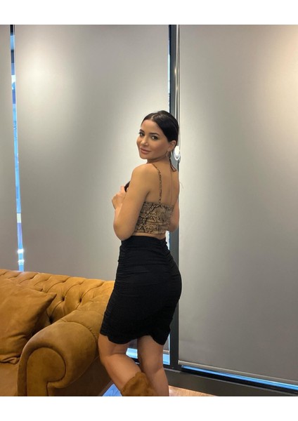 Yüksek Bel Lastik Büzgü Lüx Krep Siyah Renk Etek modelleri