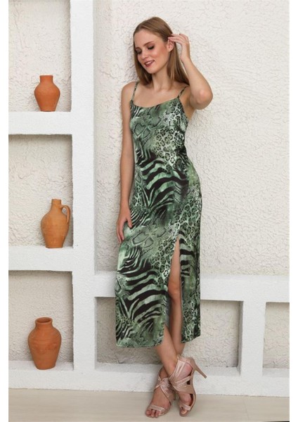 Yeşil Leopar Yırtmaçlı Kadın Elbise