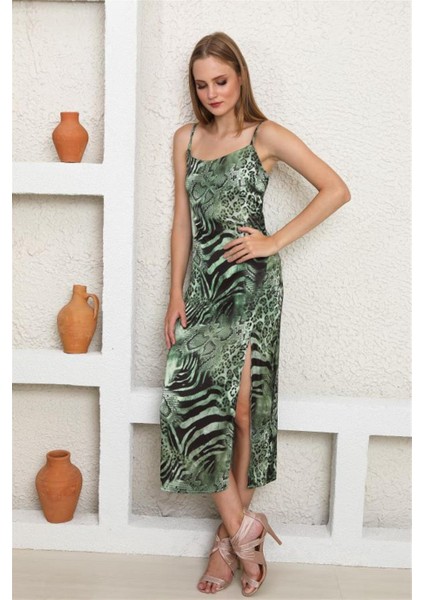 Yeşil Leopar Yırtmaçlı Kadın Elbise modelleri