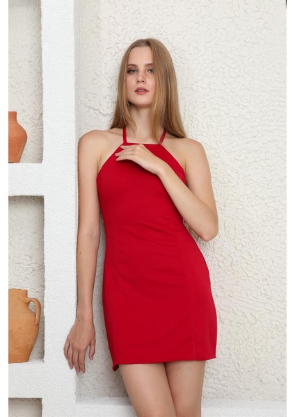 Çapraz Sırt Detaylı Kısa Kırmızı Kadın Elbise modelleri
