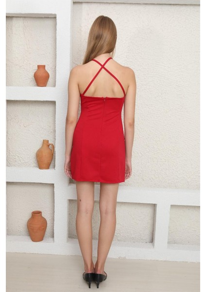 Çapraz Sırt Detaylı Kısa Kırmızı Kadın Elbise fırsatları