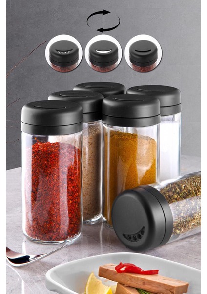 6lı Döner Kapaklı Cam Baharatlık Siyah Kapaklı
