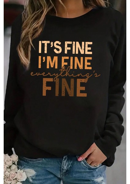 Fine Baskılı Bisiklet Yaka Sweatshirt