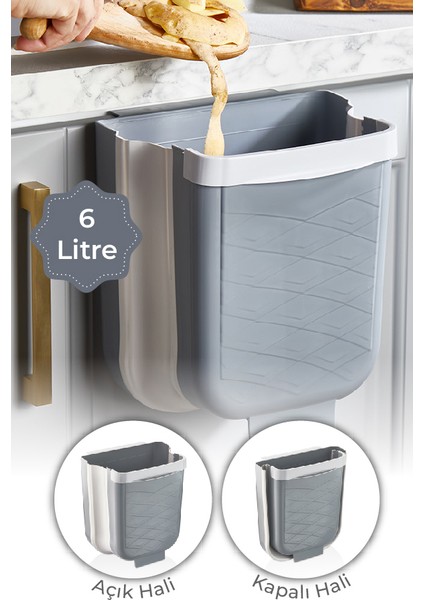 Asılabilir Akordiyon Çöp Kovası 6 Litre Gri