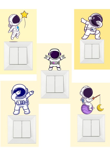 5'li Astronot Görselli Priz Sticker - Armatür Çerçeve Süsü