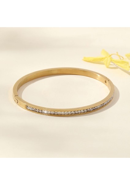 4 mm Gold Çelik Taşlı Bayan Kelepçe Bileklik EU11SR