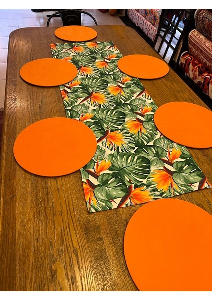 Tuğçe Demir Home Design Yeşil Yaprak Turuncu Çiçek Desen Runner Supla Set