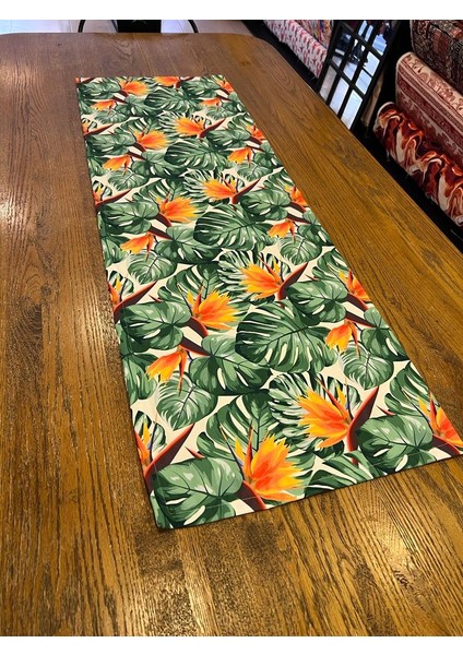 Tuğçe Demir Home Design Yeşil Yaprak Turuncu Çiçek Desen Runner Supla Set