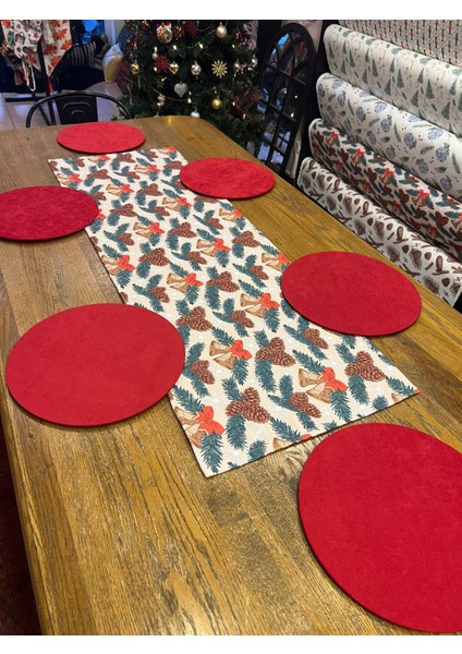 Tuğçe Demir Home Design Yılbaşı Kozalak Çan Desen Runner Supla Set