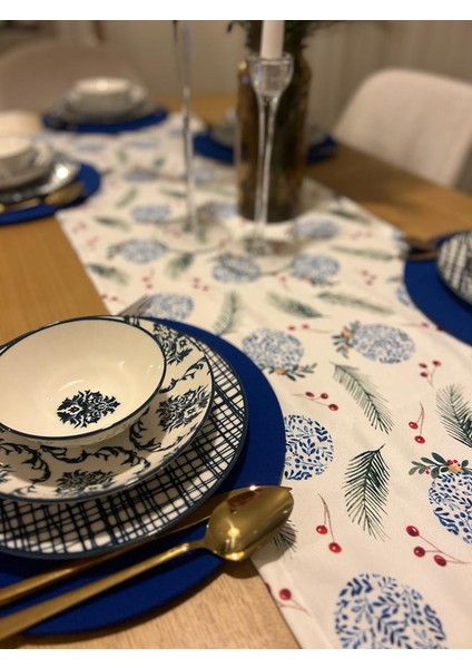 Tuğçe Demir Home Design Blue Blanc Yılbaşı Desen Runner Supla Set