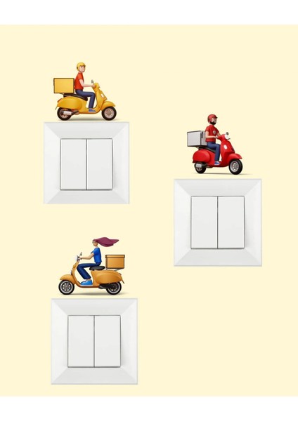 3'lü Motosiklet Kurye Temalı Priz Sticker - Armatür Çerçeve Süsü