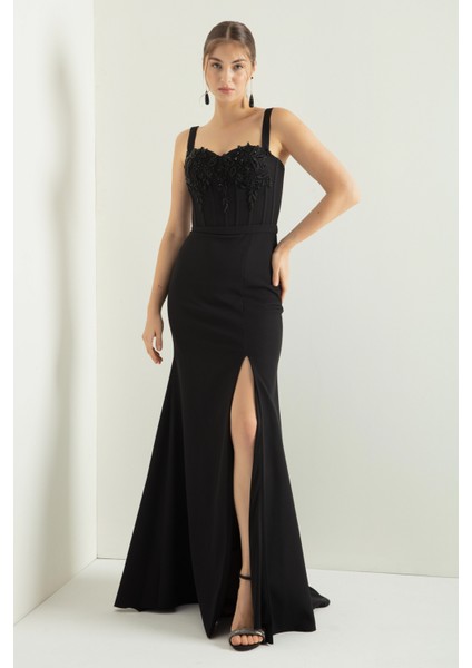 Kadın Siyah Taşlı Balen Korse Yırtmaçlı Uzun Saten Abiye