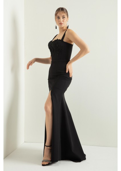 Kadın Siyah Taşlı Balen Korse Yırtmaçlı Uzun Saten Abiye fiyatları