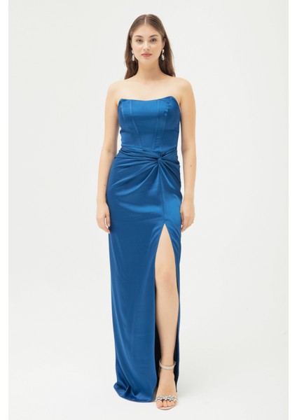 Kadın Indigo Kruvaze Astarlı Dokuma Korse Detaylı Saten Uzun Abiye Elbise