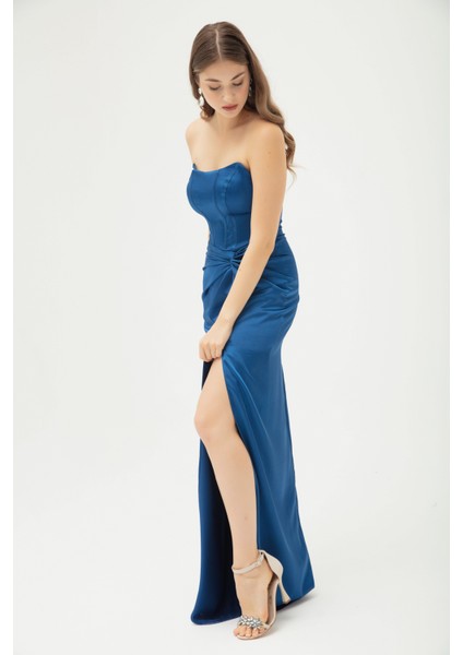 Kadın Indigo Kruvaze Astarlı Dokuma Korse Detaylı Saten Uzun Abiye Elbise fiyatları
