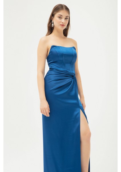 Kadın Indigo Kruvaze Astarlı Dokuma Korse Detaylı Saten Uzun Abiye Elbise modelleri