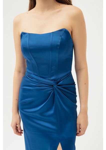 Kadın Indigo Kruvaze Astarlı Dokuma Korse Detaylı Saten Uzun Abiye Elbise fırsatları