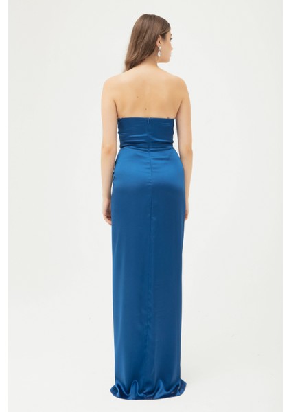 Kadın Indigo Kruvaze Astarlı Dokuma Korse Detaylı Saten Uzun Abiye Elbise indirimleri