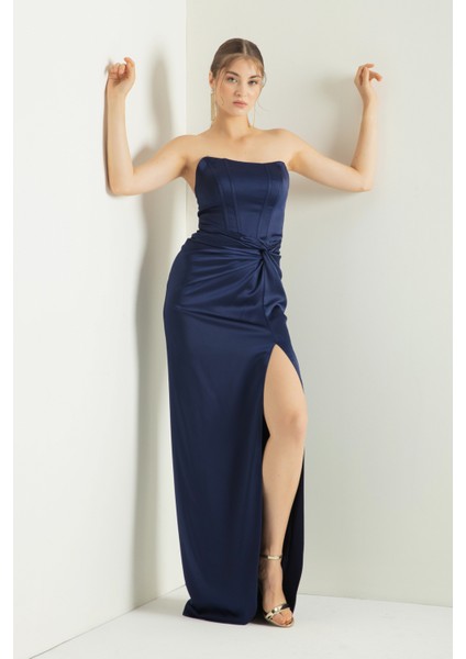Kadın Lacivert Kruvaze Astarlı Dokuma Korse Detaylı Saten Uzun Abiye Elbise