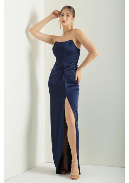 Kadın Lacivert Kruvaze Astarlı Dokuma Korse Detaylı Saten Uzun Abiye Elbise fiyatları
