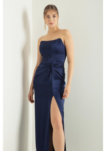 Kadın Lacivert Kruvaze Astarlı Dokuma Korse Detaylı Saten Uzun Abiye Elbise modelleri