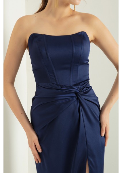 Kadın Lacivert Kruvaze Astarlı Dokuma Korse Detaylı Saten Uzun Abiye Elbise fırsatları
