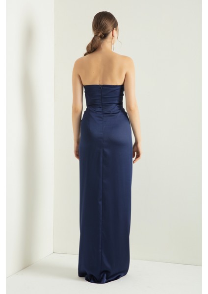 Kadın Lacivert Kruvaze Astarlı Dokuma Korse Detaylı Saten Uzun Abiye Elbise indirimleri
