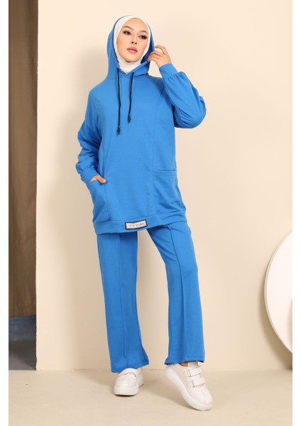 Saks Mavi Önü Etiketli İki İplik Tesettür Takım