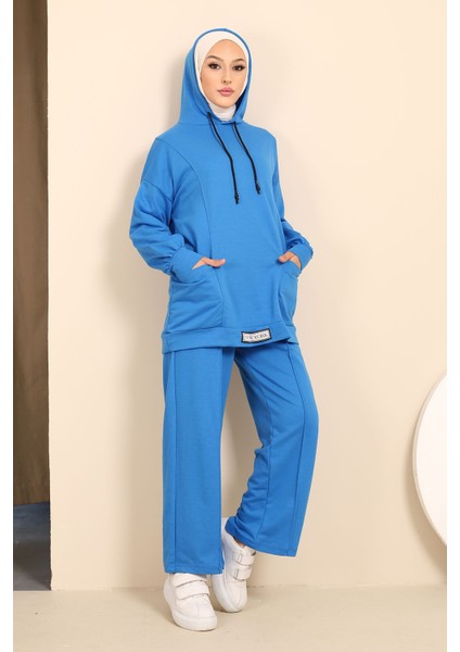 Saks Mavi Önü Etiketli İki İplik Tesettür Takım modelleri