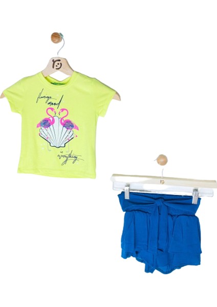 Kız Çocuk İkili Takım Neon Yeşil T-Shirt Mavi Şortlu 3-4 Yaş Neon Yeşil - Mavi