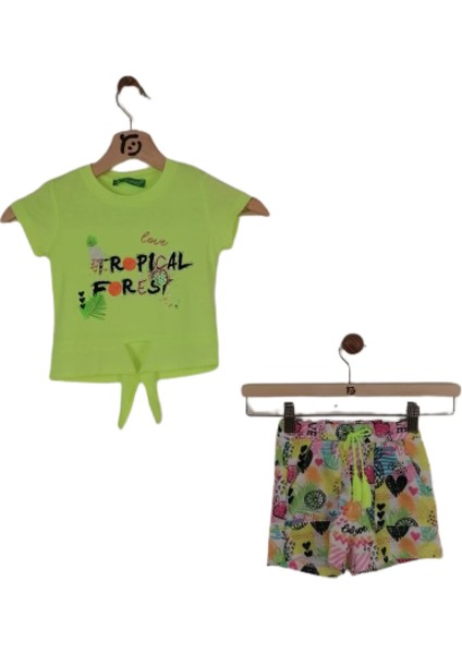 Kız Çocuğu İkili Takım Baskılı T-Shirt Çok Renkli Şort 18-24 Ay Neon Yeşil