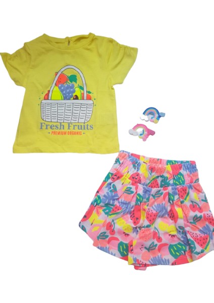 Kız Çocuk İkili Takım Baskılı T-Shirt + Desenli Şortlu Sa 9-12 Ay Sarı - Pembe