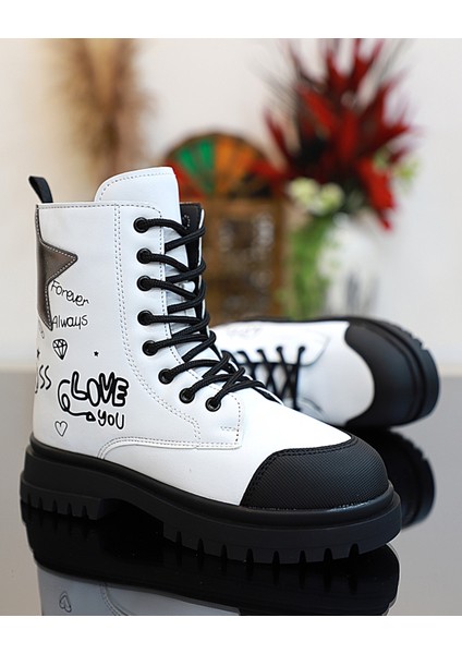 1763 Anatomik Tabanlı Kız Çocuk Postal Bot - NKT01763-BEYAZ-26