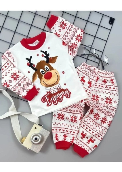 Bilge Trend Yılbaşı Noel Yeniyıl Etnik Desen Geyikli Çocuk Pijama Takım 1 2 3 4 5 6 7 8 9 Yaş