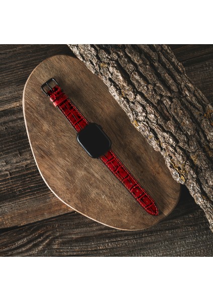 Lesband Leather crocco Kırmızı Gerçek Deri Apple Watch Kordon Seri 1-8, Se, Ultra ve Ultra 2 ile Uyumlu modelleri