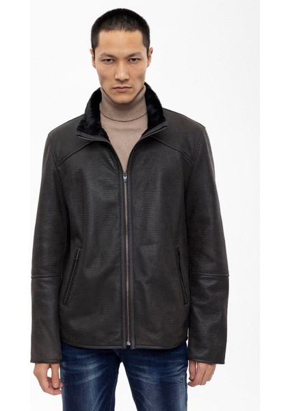 Kahve Içi Kahve Tüylü Fermuarlı Sıcak Tutan Kroko Baskı Hakiki Kürk Erkek Kaban