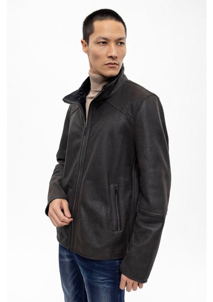 Kahve Içi Kahve Tüylü Fermuarlı Sıcak Tutan Kroko Baskı Hakiki Kürk Erkek Kaban modelleri