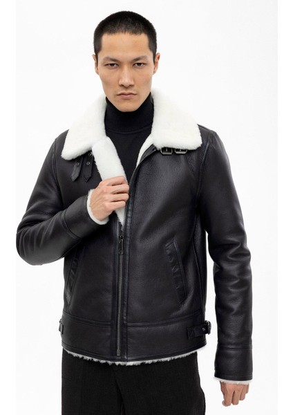 Luden Siyah Içi Beyaz Tüylü Fermuarlı Yakası Tokalı Dar Kesim Motorcu Erkek Hakiki Kürk Kaban fiyatları