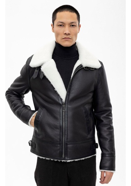Luden Siyah Içi Beyaz Tüylü Fermuarlı Yakası Tokalı Dar Kesim Motorcu Erkek Hakiki Kürk Kaban modelleri