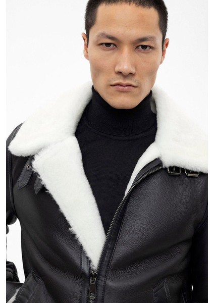 Luden Siyah Içi Beyaz Tüylü Fermuarlı Yakası Tokalı Dar Kesim Motorcu Erkek Hakiki Kürk Kaban indirimleri