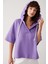 Düz Kordon Detaylı Kapüşonlu Sweatshirt-Lila 2