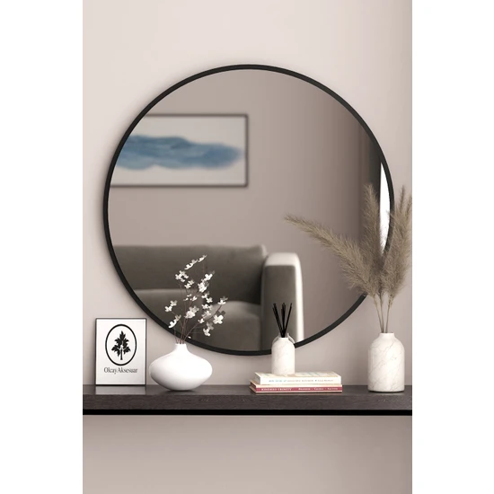 Olcay Aksesuar Siyah Dekoratif 43 cm Yuvarlak Ayna Antre Hol Koridor Duvar Aynası Salon Mutfak Banyo Aynası