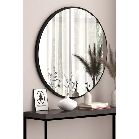 Olcay Aksesuar Siyah Dekoratif 58CM Yuvarlak Ayna Antre Hol Koridor Duvar Aynası Salon Mutfak Banyo Aynası
