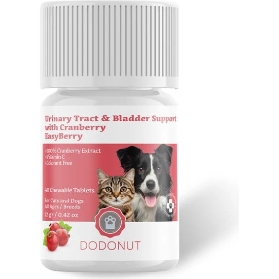 Dodonut Easyberry Köpekler ve Kediler Için Idrar Yolu Sağlığını Destekleyen Besin Takviyesi, Kızılcık Özlü, C Vitaminli , 40 Tablet